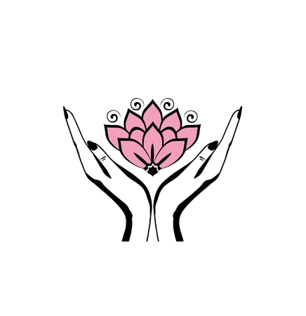 Female hands holding a beautiful pink lotus flower for logo designのイラスト素材