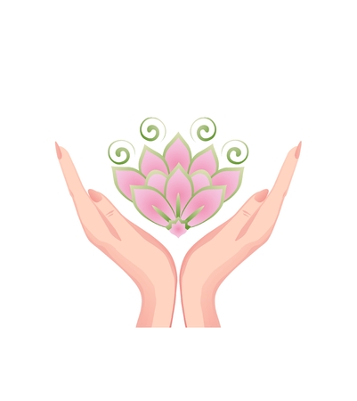 Female hands holding a beautiful pink lotus flowerのイラスト素材