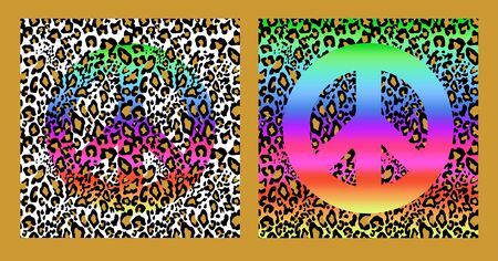 Fashionable seamless backgrounds variation with leopard print and hippie peace colorful symbol. Fashion design for textile, wallpaper, t-shirt, bag, poster, scrapbookのイラスト素材