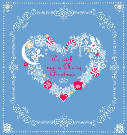 Craft Christmas pastel blue greeting card with heart shape wreath with paper cutting snowflakes, little angels, Xmas tree, balls, jingle bell, candy and red gift boxのイラスト素材