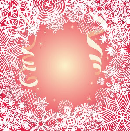 Golden card for winter holidays with paper snowflakes and streamers. Magic christmas greetingのイラスト素材