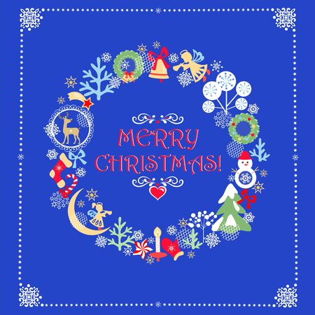 Childish funny Xmas greeting blue card with Christmas paper cutting wreath with snowy firs and trees, little angels and snowman, crescent and reindeerのイラスト素材