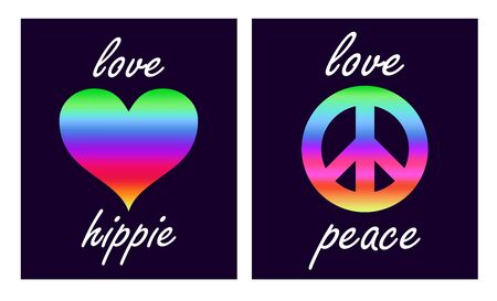 Shirt prints variation with colorful heart shape and hippie peace symbol on black background. Fashion design for t-shirt, bag, poster, scrapbookのイラスト素材