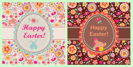 Funny childish Easter greeting cards with bunny, hen, eggs and colorful abstract flowers patternのイラスト素材