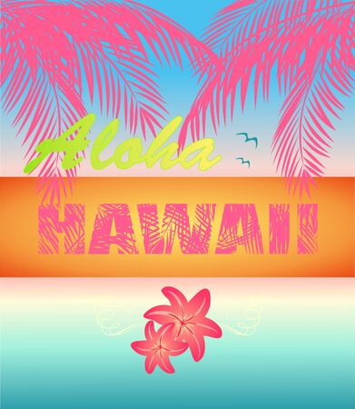 Fashion summer neon print with ocean sunset, pink Aloha Hawaii lettering, lily and coconut palm leaves for beach party poster, t shirt and bag designのイラスト素材