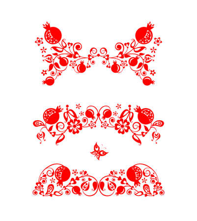 Beautiful floral folk red decorative headers with abstract pomegranate tree, fruit and flowers for greeting card, wedding invitation, book dividers, ethnic embroidery, fashion print on white backgrounのイラスト素材