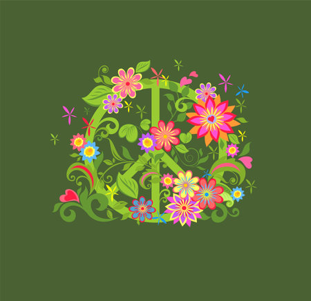 T shirt fashion print with Hippie peace flower symbol on the khaki backgroundのイラスト素材