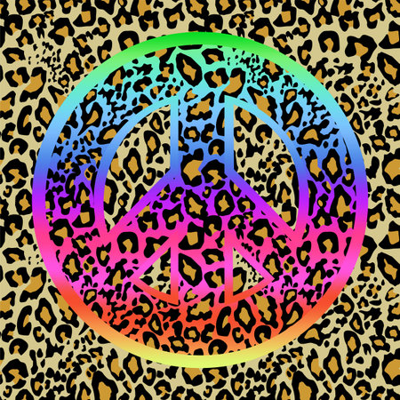 Sand color seamless fashionable leopard wallpaper with colorful hippie peace symbol for wrapping paper, t shirt and bag design, textile printのイラスト素材