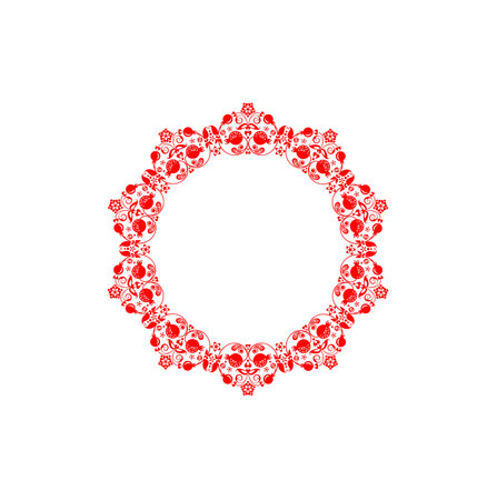 Red ornamental round, decorative floral folk art with abstract pomegranate tree, fruit and flowers for ceramic design, porcelain pattern, boutiques frame, wedding invitation, book header on white backのイラスト素材