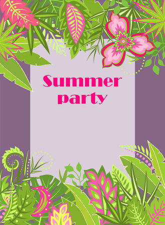 Vertical flyer template for summery night party invitation with tropical leaves and exotic flowersのイラスト素材
