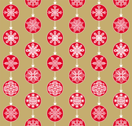 Seamless gold wallpaper with hanging balls garland with paper cutting snowflakes for wrapping paper, fashion design, winter holidayのイラスト素材