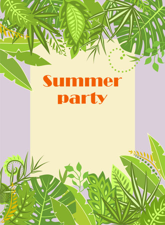 Summer party invitation flyer vertical template with green tropical leavesのイラスト素材