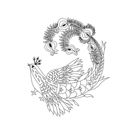 Decorative black and white magic bird for adult anti stress coloring page, t shirt print and henna tattooのイラスト素材