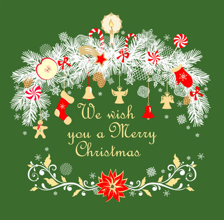 Christmas greeting craft card with paper cutting conifer branches garland with hanging gold angels, jingle bell, sock, gingerbread and poinsettia, apple, candleのイラスト素材
