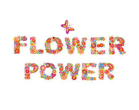 Flowers powers lettering in hippie style isolated on white background for T shirt, poster, bag designのイラスト素材