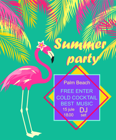 Flyer for summer beach party invitation with funny pink flamingo, and coconut palm leavesのイラスト素材