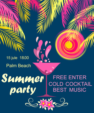 Retro style poster for summer beach party invitation with coconut palm leaves, martini wineglass, frangipani flowers and hot sunのイラスト素材