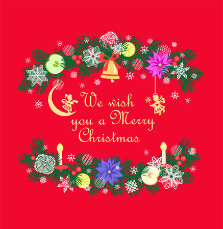 Christmas red green greeting craft card with paper cutting conifer branches wreath with hanging gold angels, jingle bell, poinsettia, apple, lime and candleのイラスト素材