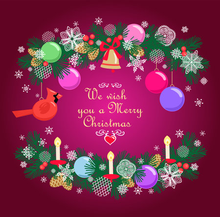 Christmas greeting craft card with paper cutting conifer green branches wreath with hanging colorful balls, gold jingle bell, northern cardinal red bird, cone, snowflakes and candlesのイラスト素材
