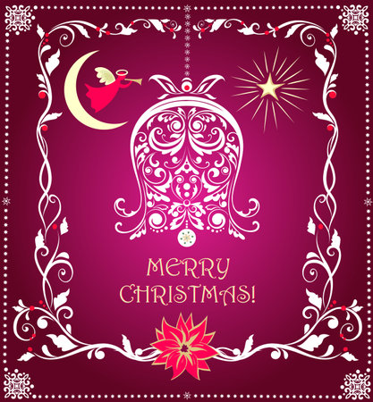 Christmas ornate greeting card with craft paper cutting floral decoration, hanging jingle bell, poinsettia, angel and starのイラスト素材