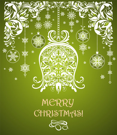 Christmas ornate greeting green card with floral craft decoration, hanging snowflakes and paper cutting jingle bellのイラスト素材