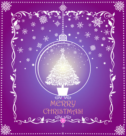 Greeting craft card with Xmas glowing hanging ball with decorative fir tree on lilac backgroundのイラスト素材