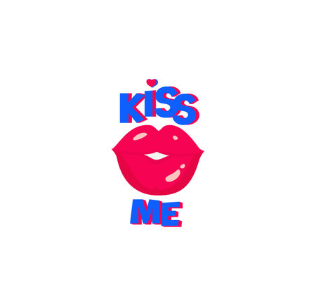 Love themed pop art style cartoon for comics book, social media banner for Valentines day with sexy hot rose colored lips and kiss me letteringのイラスト素材