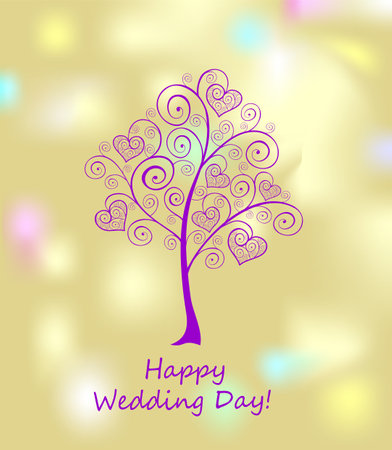 Golden greeting wedding card with decorative violet tree with hanging heartsのイラスト素材