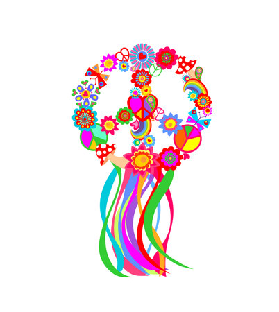 Funny hippie peace symbol with flower-power, fly agaric, paisley, butterflies, rainbow and colorful ribbons for t-shirt, bag design, fashion printのイラスト素材