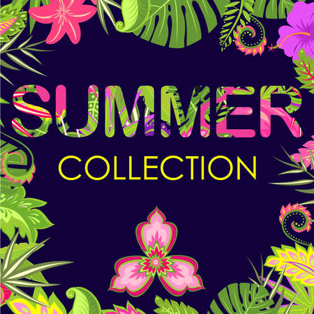 Discount tag for summer fashion collection sale with exotic flowers and tropical leaves for online...