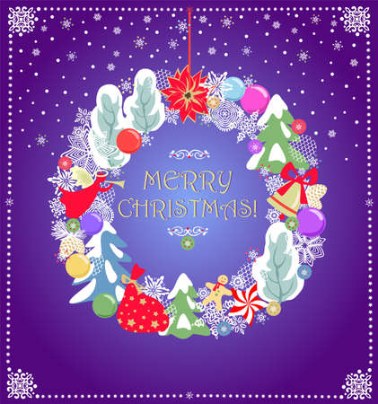 Craft purple Christmas greeting card with hanging Xmas wreath for winter holiday with poinsettia, angel, jingle bell, gingerbread, cone, snowy trees and snowflakesのイラスト素材