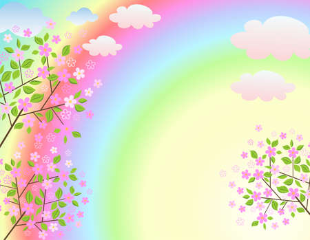 Spring poster with colorful rainbow, blossoming cherry-tree or apple tree and clouds. Concept for flyers, social media greetings, web bannersのイラスト素材