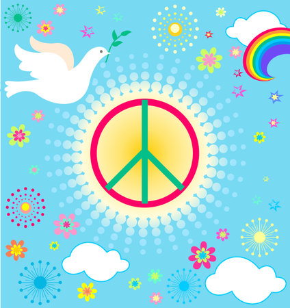 Cartoon poster in hippie style with Peace Hippie Symbol, flying paper cutting dove, rainbow, sun and flowersの写真素材