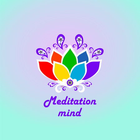 Lotus flower icon with colorful petals on mint color background for logo template, visiting, Ayurveda, meditation, wellness and spa salon signboard, tee, t shirt and bag designのイラスト素材