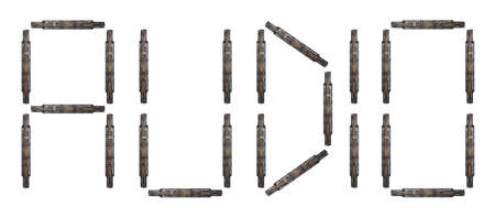 Indoor studio shot of "audio" letters made of audio tapes.の写真素材