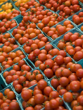 A few rows of red tomatoes in blue boxes.の写真素材