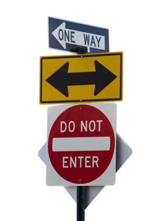 Three street signs over a white background.の写真素材
