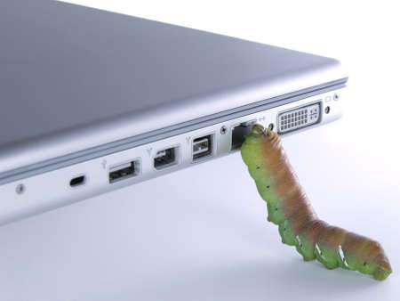 A caterpillar trying to get into a computer through its internet plug.の写真素材