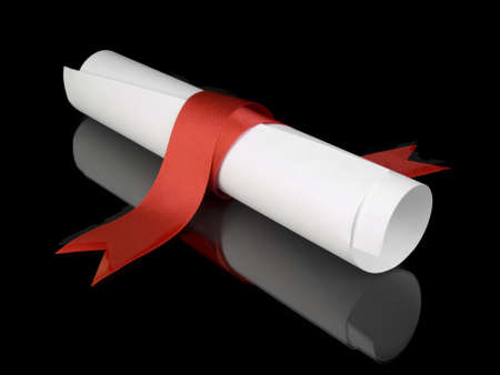 Diploma with a red silk ribbon, isolated on black background.
