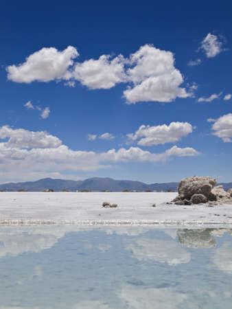 A rock sitting aside a small pool with water in a huge salt field.の写真素材