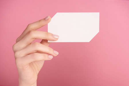 close-up female hand on a pink background holds an empty sheet to fillの写真素材
