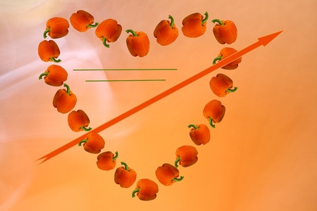 Valentine of paprika, made in the form of hearts, with an arrow on a brown background with the lines for the inscriptions on the top of the. Beautiful Valentine made of paprika allocated on a brown background.の写真素材