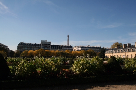 Les Invalides, Paris, France, Europe  Vue sur la tour Eiffel, la tour du jardin, Les Invalidesの写真素材