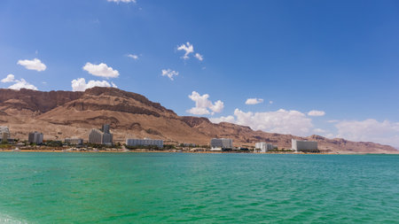 Dead sea view of the beach and hotels