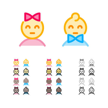 Cute girl with bow and boy with bowtie modern outline icons in different colors. Man and woman sexes signs. Funny kids emoji. Female and male genders icons.のイラスト素材