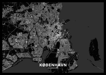 Copenhagen map. Detailed dark map poster of Copenhagen (Denmark). Scheme of the city with roads, highways, railways, buildings, rivers etc.の写真素材