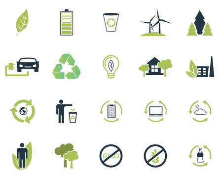 Set ecology icons collection in flat design two colors. Clean air, recyclable item for web design, presentations and mobile apps. Set ecology icons on white background.の写真素材