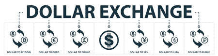 Dollar Exchange set icons collection. Includes simple elements such as Dollar To Bitcoin, Dollar To Euro, Dollar To British Pound, To Yen and Ruble premium icons.の写真素材