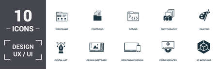 Design Ui And Ux set icons collection. Includes simple elements such as Wireframe, Portfolio, Coding, Photography, Painting, Design Software and Responsive Design premium icons.のイラスト素材