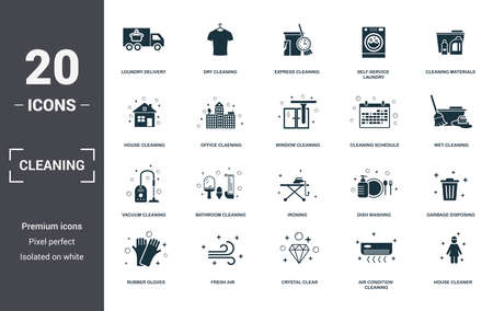 Cleaning set icons collection. Includes simple elements such as Loundry Delivery, Dry Cleaning, Express, Self-Service Laundry, Cleaning Materials, Bathroom Cleaning and Ironing premium icons.のイラスト素材